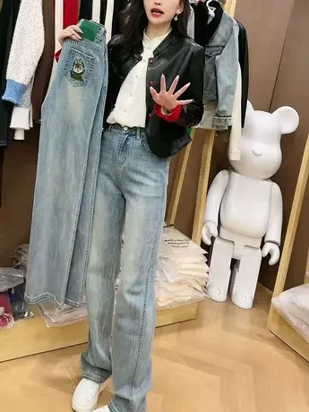 复古蓝色高腰显瘦窄版直筒牛仔裤女早春季浅色水洗做旧阔腿裤子潮商品大图