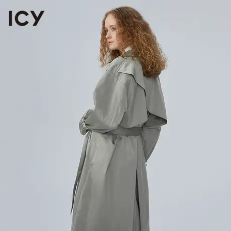 icy女装设计新款设计感光面活片风衣女长袖复古长款时髦外套图片