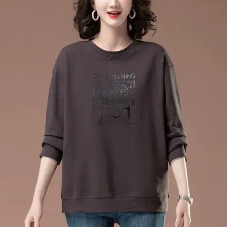 卫衣女春秋薄款加大码女装宽松中老年妈妈纯棉圆领遮肚子显瘦上衣商品大图