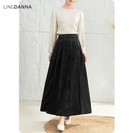 黑色新中式轻国风马面裙高级感高腰半身裙女中长款百褶裙半身长裙图片