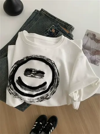 设计感笑脸毛巾绣磨毛短袖女宽松韩版百搭春季内搭白色圆领打底衫图片