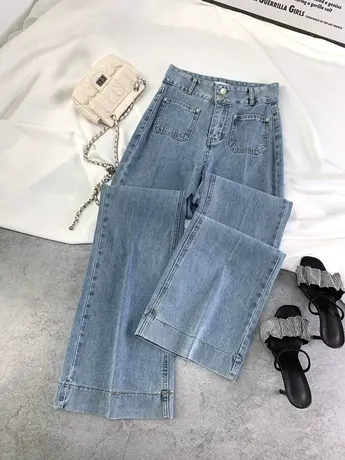 东大门水洗口袋牛仔微辣裤2024春季新款高腰显瘦小宽松喇叭长裤女图片