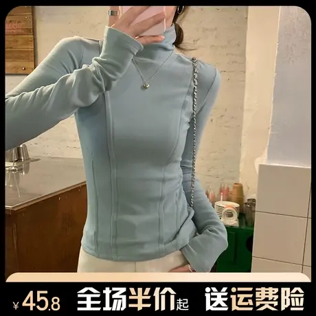 德绒堆堆半高领拉链长袖t恤女秋冬内搭鱼骨设计感修身打底衫上衣商品大图