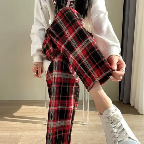 红色格子裤女春秋新款高腰显瘦直筒宽松小个子休闲萝卜老爹裤子图片
