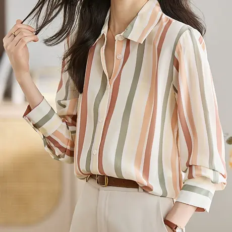 韩潮袭人复古时髦设计感条纹POLO领长袖衬衣衬衫女上衣图片
