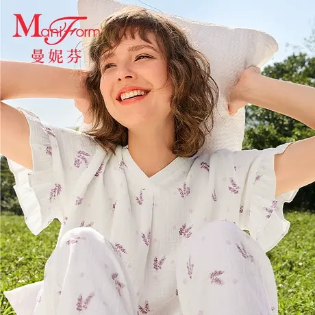曼妮芬女内衣套装双层纱棉质短袖长裤舒适家居起居服睡衣20310787图片