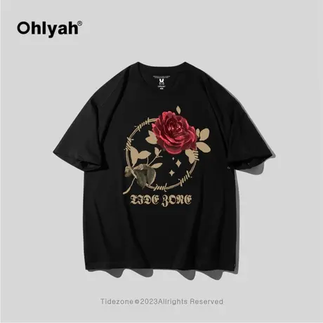 Ohlyah哥特荆棘玫瑰花印花短袖T恤男宽松美式街头tee体恤衫夏上衣图片