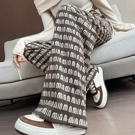 撞色花纹裤子女春秋2024新款高腰显瘦直筒宽松小个子拖地阔腿裤潮图片