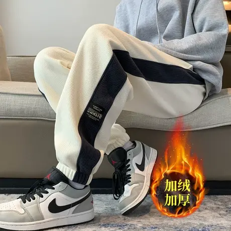 冬季港风条纹加厚束脚卫裤男士宽松大码运动加绒保暖长裤子男冬款商品大图