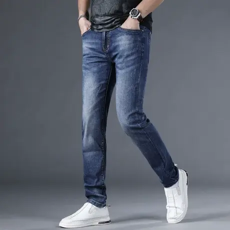 高端蓝色牛仔裤男春季新款韩版潮牌修身小直筒弹力百搭休闲裤子男商品大图