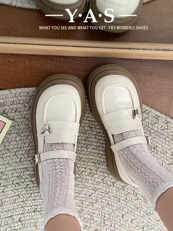 2024春季新款粗跟厚底复古学院风jk鞋玛丽珍鞋奶白色蝴蝶小皮鞋女图片