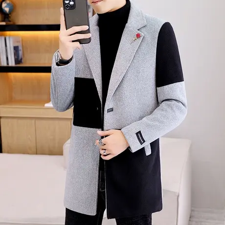 男士秋冬季时尚加厚毛呢风衣中长英伦帅气呢子大衣西装领外套潮商品大图