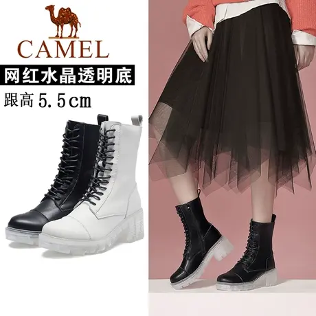 骆驼女鞋官方旗舰店正品春秋款中筒单靴女粗跟短靴系带真皮马丁靴商品大图
