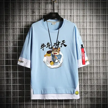 牛气冲天图案假两件短袖T恤男大童牛年男生衣服宽松夏季学生上衣图片