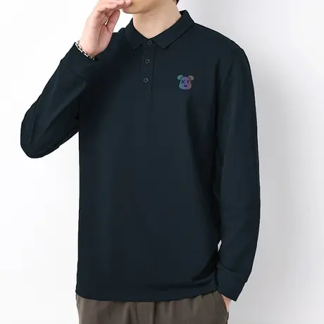 珠地棉翻领polo衫男士长袖t恤潮牌小熊印花带领打底衫有领秋衣服图片
