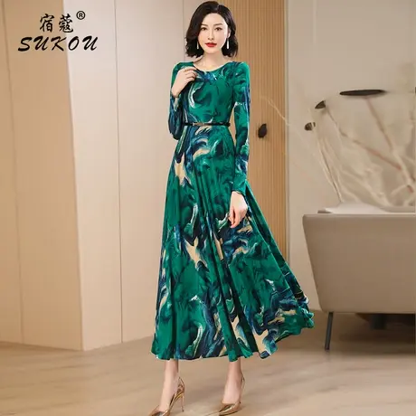 绿色艺术花色大摆裙女2023年秋装丝绒印花修身遮肚子妈妈款连衣裙图片