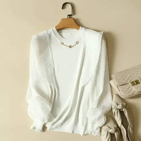 秋季2023年新款雪纺袖冰丝针织衫女长袖宽松上衣洋气蕾丝打底衫女图片