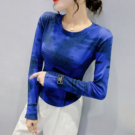 克莱因蓝打底衫女春秋2023新款扎染印花上衣性感短款紧身长袖T恤图片