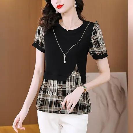 夏季短袖t恤女2023年新款假两件大码收腰遮肚子小衫甜辣修身上衣商品大图