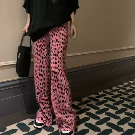 潮牌新款豹纹阔腿裤女夏高腰垂感拖地长裤宽松粉色薄款休闲直筒裤图片