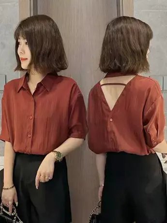 夏季女装短袖衬衫女夏2023新款设计感休闲后背镂空洋气小衫上衣潮图片