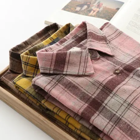 2020年春夏新款女装复古百搭棉麻格子衬衫宽松韩版长袖中长款衬衣商品大图