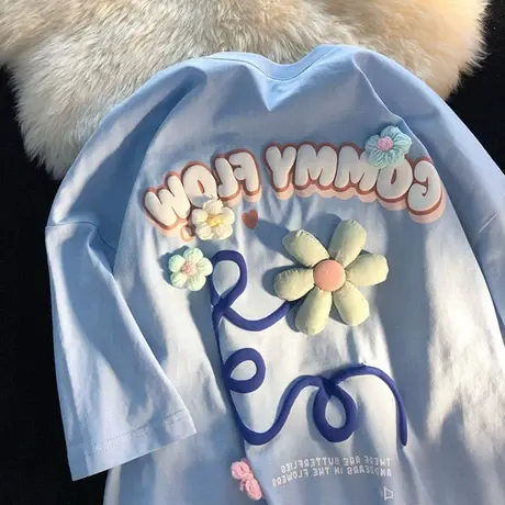 美式复古短袖t恤女夏季宽松半袖原宿风设计感小众别致上衣服ins潮商品大图