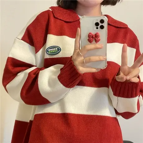 红续复古红白条纹polo领毛衣女春秋新款日系学院风保暖针织衫上衣图片