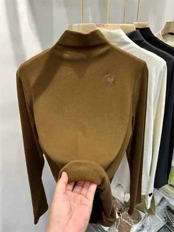 欧货半高领薄绒针织衫爱心长袖上衣女2022秋冬新款内搭修身打底衫商品大图