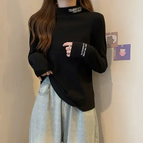 黑色半高领德绒打底衫女秋冬内搭宽松显瘦韩系ins长袖洋气t恤上衣商品大图