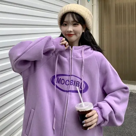 欧美高街潮牌卫衣女秋冬季ins宽松bf慵懒风加绒加厚连帽拉链外套商品大图