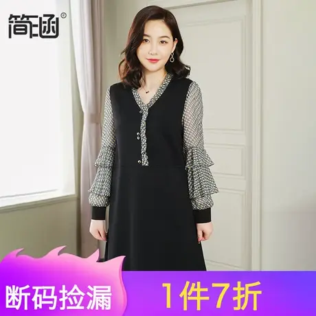 大码女装春装新款简涵新款遮肚子遮胯显瘦雪纺袖胖mm连衣裙图片