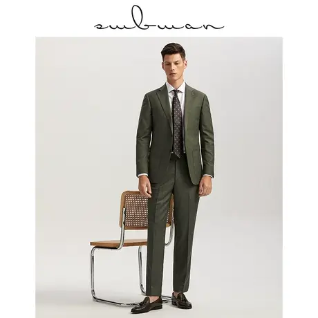 十米布意式西装套装男平驳领商务职业上班修身墨绿色工装西服外套图片
