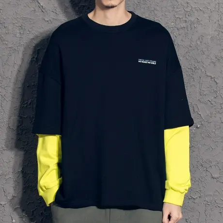 奕飏荧光黄潮流拼接圆领卫衣男春秋款2020新款春装假两件上衣休闲商品大图