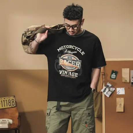 Modi Nick/摩帝尼克夏季薄款美式T恤重磅水洗男士落肩袖短纯棉T恤商品大图