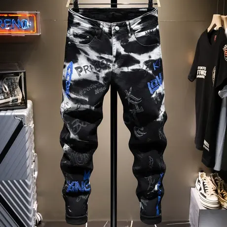 夏季薄款潮牌牛仔裤男刺绣直筒宽松印花男士长裤子男百搭韩版潮流商品大图