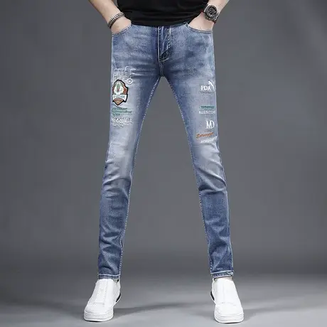 刺绣牛仔裤男款修身小脚裤2023新款夏季薄款蓝色弹力男士绣花裤子商品大图