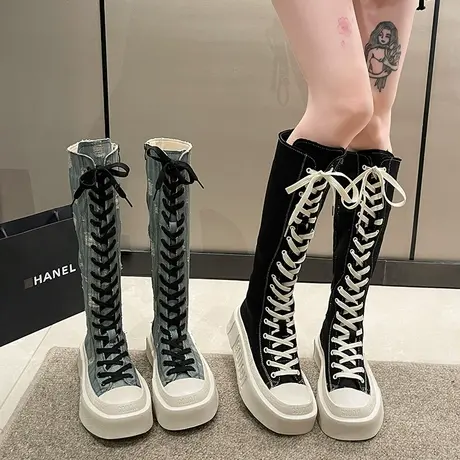 不过膝长靴女2023秋新款厚底增高显瘦百搭骑士靴复古西部牛仔靴子图片