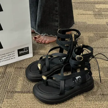 罗马凉鞋女2023新款沙滩厚底凉靴软底夹趾交叉绑带中筒休闲平底鞋图片