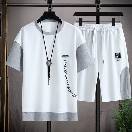 ins潮流休闲套装夏季冰丝华夫格短袖t恤男生一套搭配潮牌运动衣服商品大图