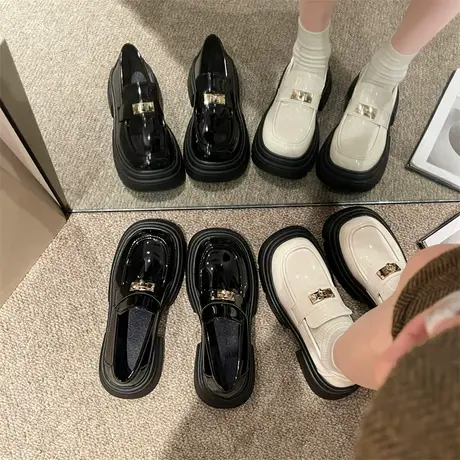 漆皮乐福鞋女2024春秋季新款小个子厚底粗跟单鞋复古英伦风小皮鞋商品大图