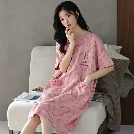 婷美女夏季纯棉短袖条纹睡裙圆领连衣裙子甜美外穿薄款睡衣家居服图片