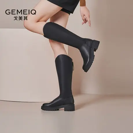 戈美其长筒靴女2023秋季新款V口黑色显瘦骑士靴高筒靴不过膝长靴图片