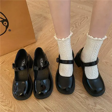 粗跟矮子乐百搭英伦风小皮鞋女2024新款春秋复古黑色法式玛丽珍鞋商品大图