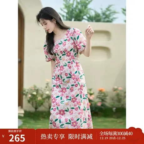 茵曼法式设计感打揽收腰碎花裙2023夏女装新款圆领A摆显瘦连衣裙商品大图