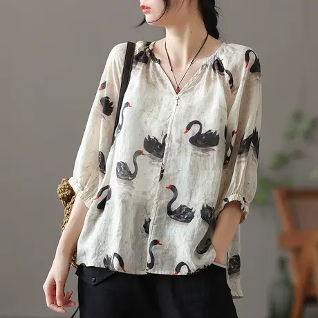 dza 复古薄款苎麻短袖衬衫夏季气质漂亮棉麻上衣女士宽松V领衬衣商品大图