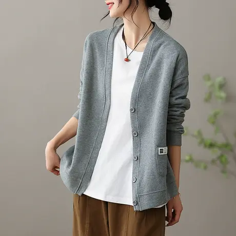 dza文艺复古纯棉短款外套女士2023春季新款小V领外搭宽松开衫上衣图片
