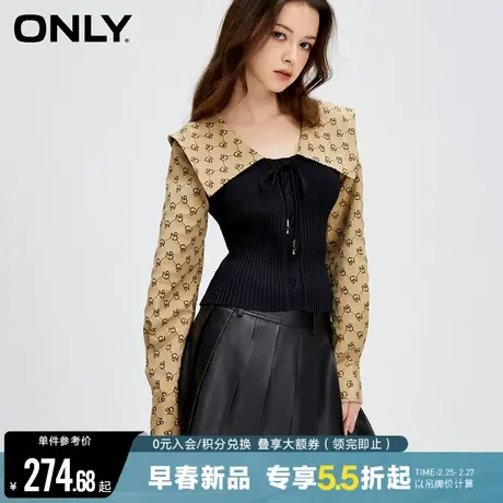 ONLY夏季气质甜美学院撞色拼接V字显瘦大翻领长袖短款雪纺衫女商品大图