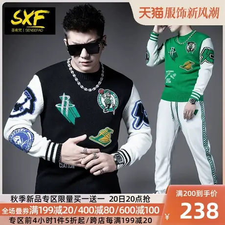 SXF圣希梵男士羊绒衫 冬季保暖圆领线衣徽章刺绣毛衣潮流针织衫男图片