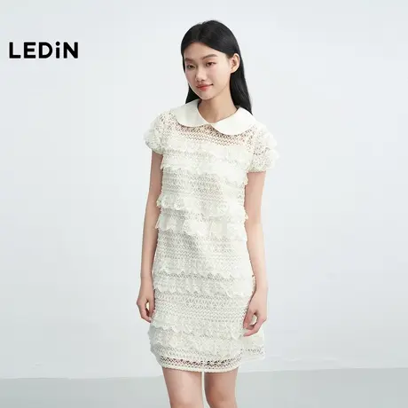 【昕怡粉丝专享】乐町蕾丝花边连衣裙女缎面领口千金感短款裙子图片